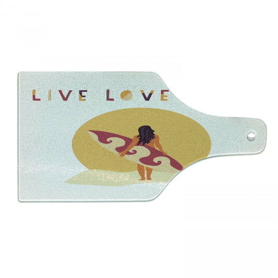 Graphic Beach Cutting Board, Live Love Surf Text and Girl with Surfboard, Decorative Tempered Glass Cutting and Serving Board, in 3 Sizes, by Ambesonne