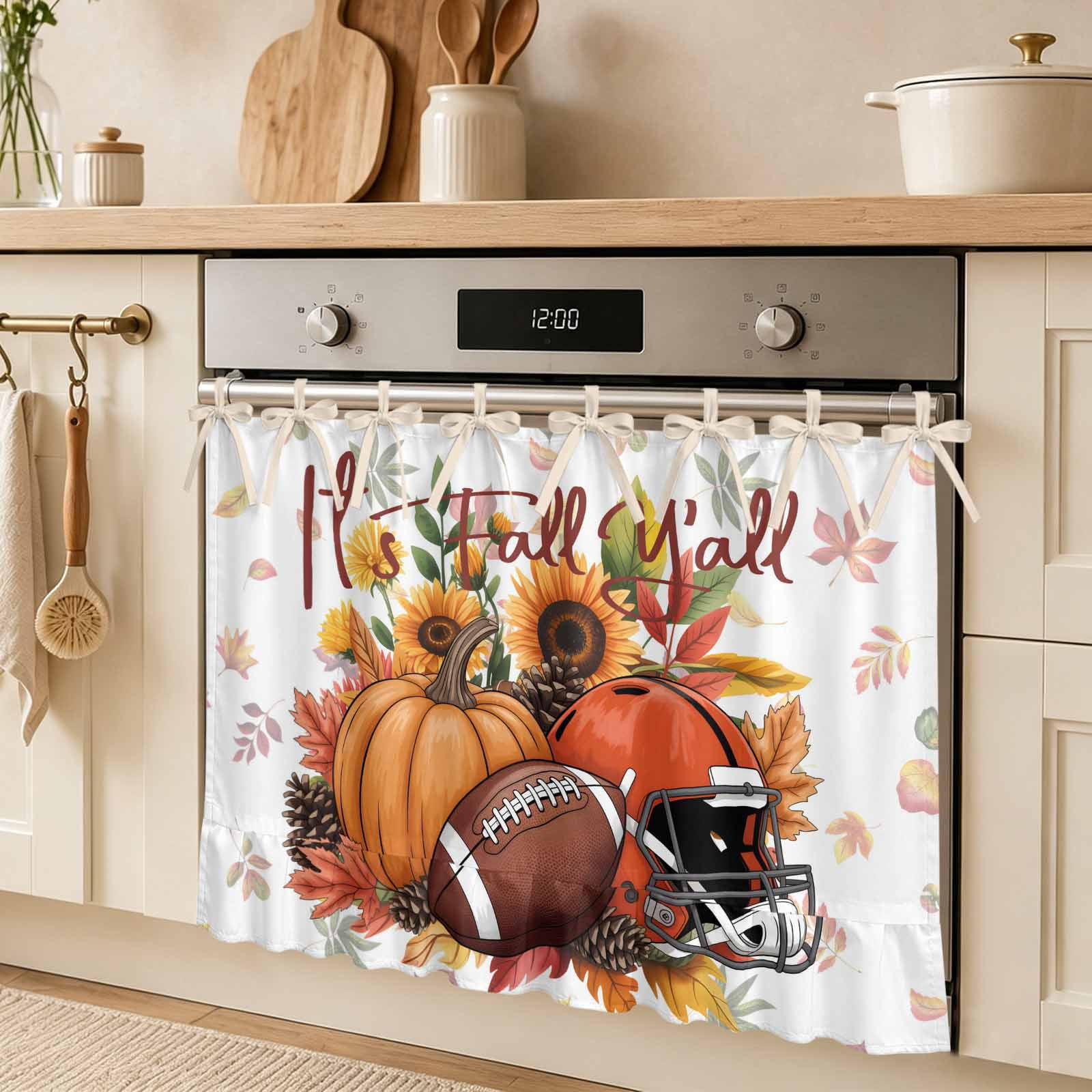 Thanksgiving Fall Oven Skirt Curtain Pumpkin Rugby Helmet Sunflower Tie Top Tier Curtains Stove Dishwasher Skirt Small Window Drapes for Kitchen Bathroom Cafe 32 x24