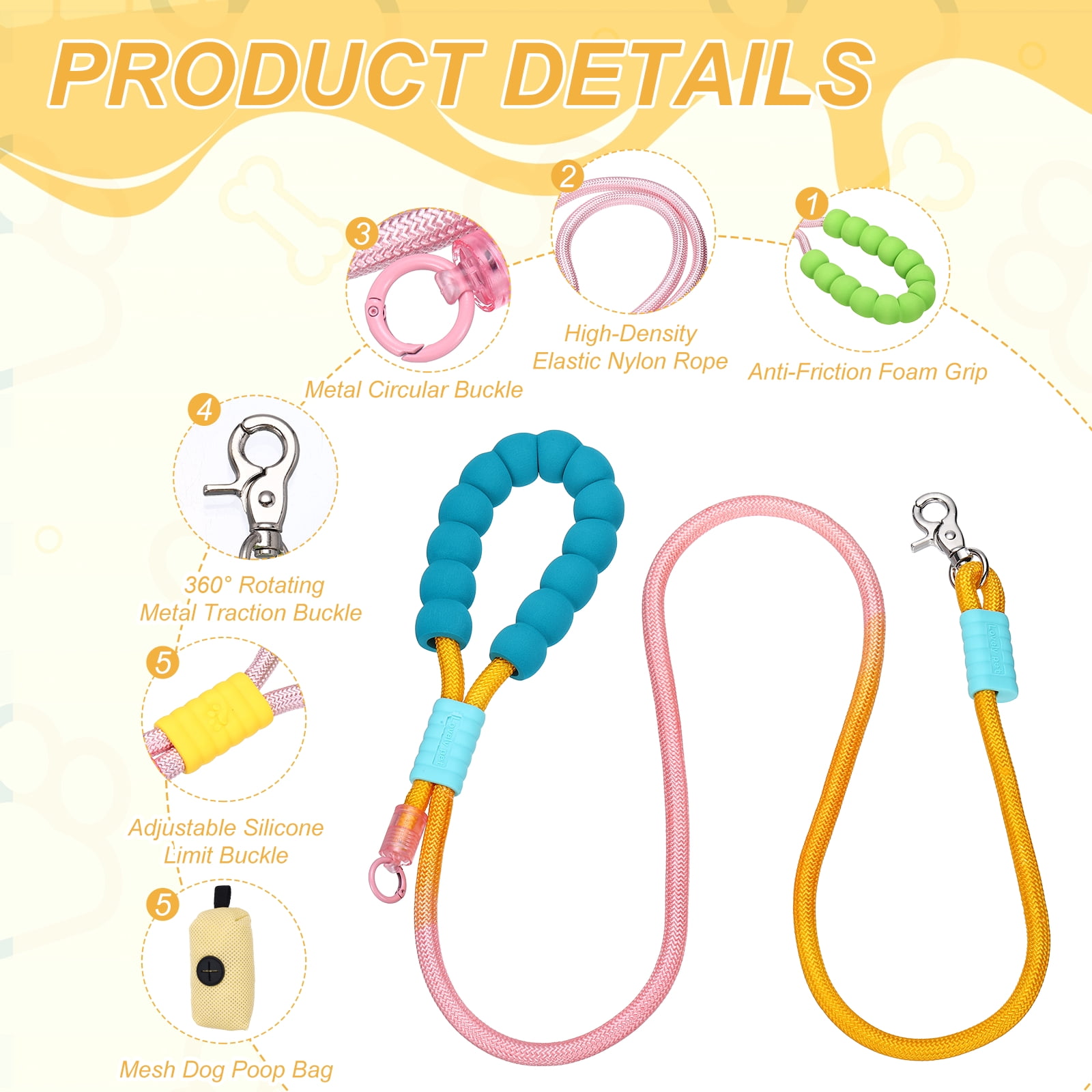 Uxcell Dog Leash with Padded Hands Free, 4.9ft/1.5m Adjustable Dog Training Leash, No Pull Heavy Duty Rope(Yellow Pink, Beige Bag), Intended for Large Medium Pet Running/Hiking/Walking