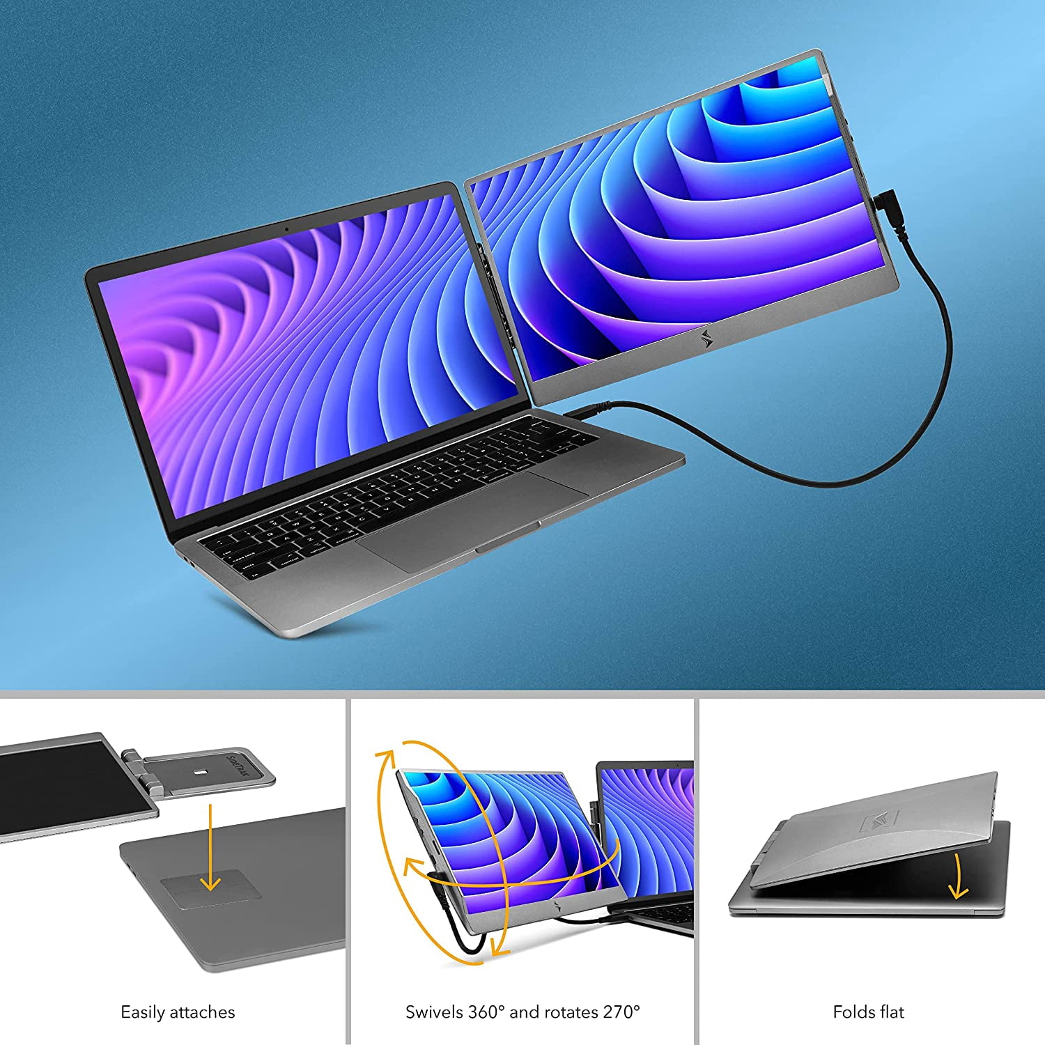 SideTrak Swivel 14" Attachable Portable Laptop Monitor FHD IPS USB Laptop Dual Screen with Kickstand | Mac, PC, & Chrome Compatible | Fits All Laptop Sizes | USB-C or Mini HDMI Powered (Dark Silver)