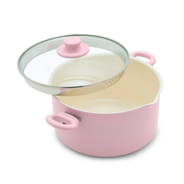 Stockpot GreenLife de cerámica antiadherente de 6 cuartos de galón con tapa de vidrio, color rosa