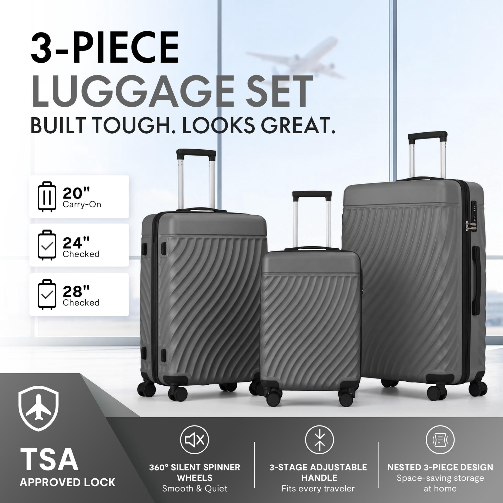 3-Piece ABS Hardshell Luggage Set, Lightweight Durable Suitcases with 4 Silent Spinner Wheels & TSA Lock, Wave-Embossed Scratch-Resistant Shell, 20/24/28 Inch, Ash Grey