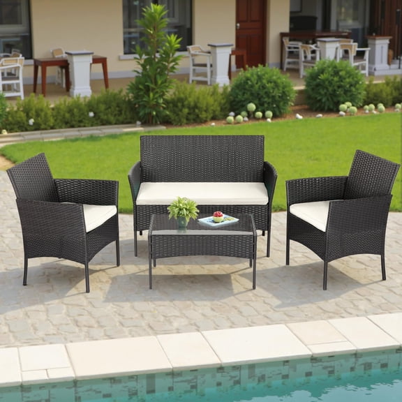 4 Piece Patio Furniture Set,PE Wicker Modern Patio Conversation Set with Storage Cushions Outdoor Wicker Rattan Patio Conversation Set,2 Chairs & One Loveseat & One Coffee Table, Wicker Chair & Table