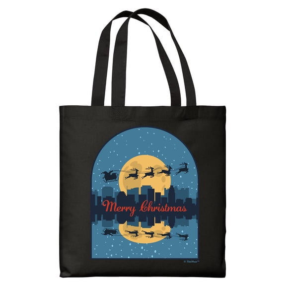 ThisWear Christmas Party Decorations for Women Santa Flying Over Cityscape Merry Christmas Black Canvas Tote Bag