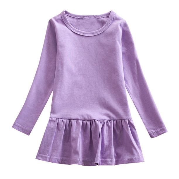 Odeerbi Niñas Primavera Otoño Manga Larga Vestido Volantes Vestido Algodón Color Sólido Cuello Redondo Suelto Vestido Cola de Pez