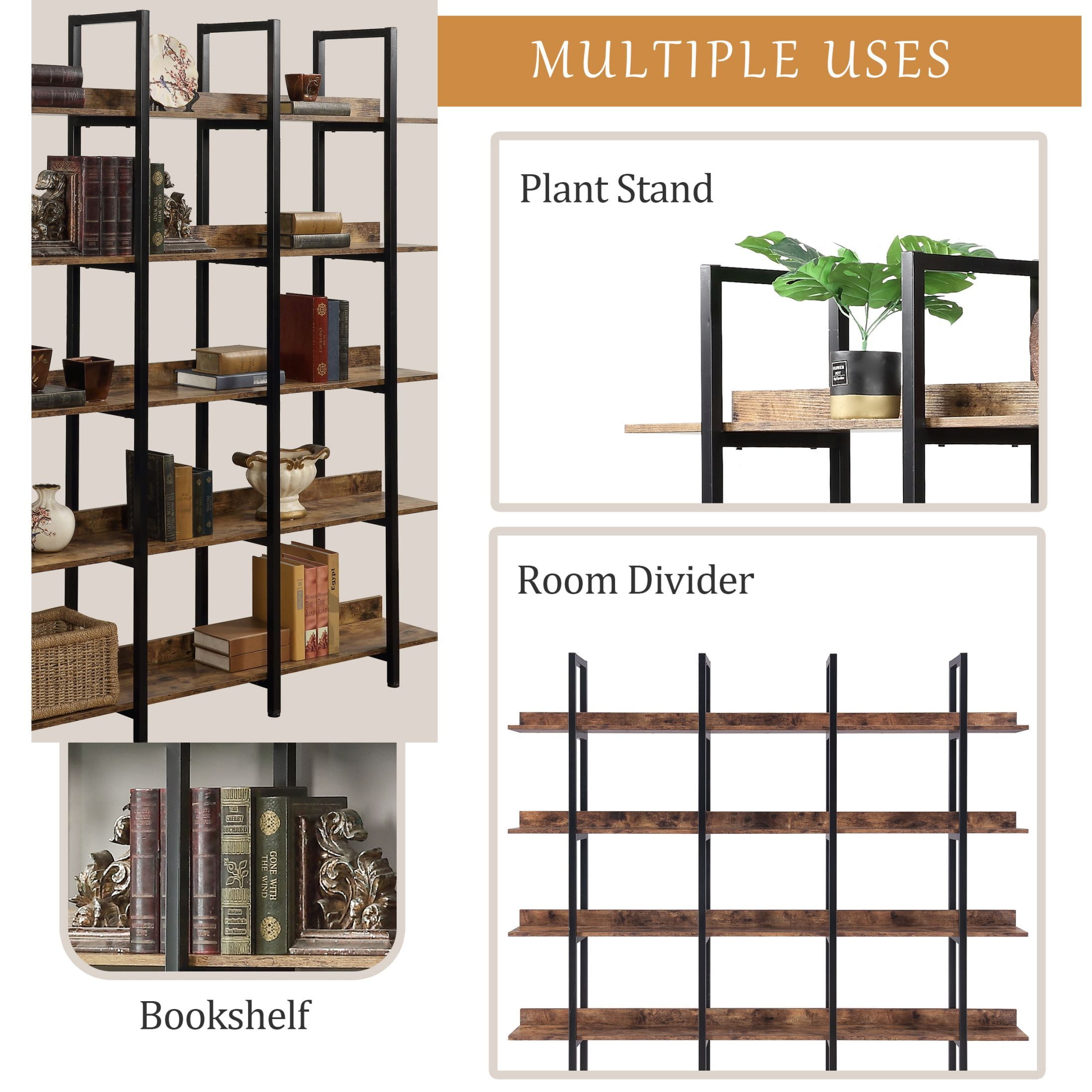 AENKYO 5-tier Bookcase with Open Shelves, Metal frame Shelf Room Divider for Books, Plants, Brown