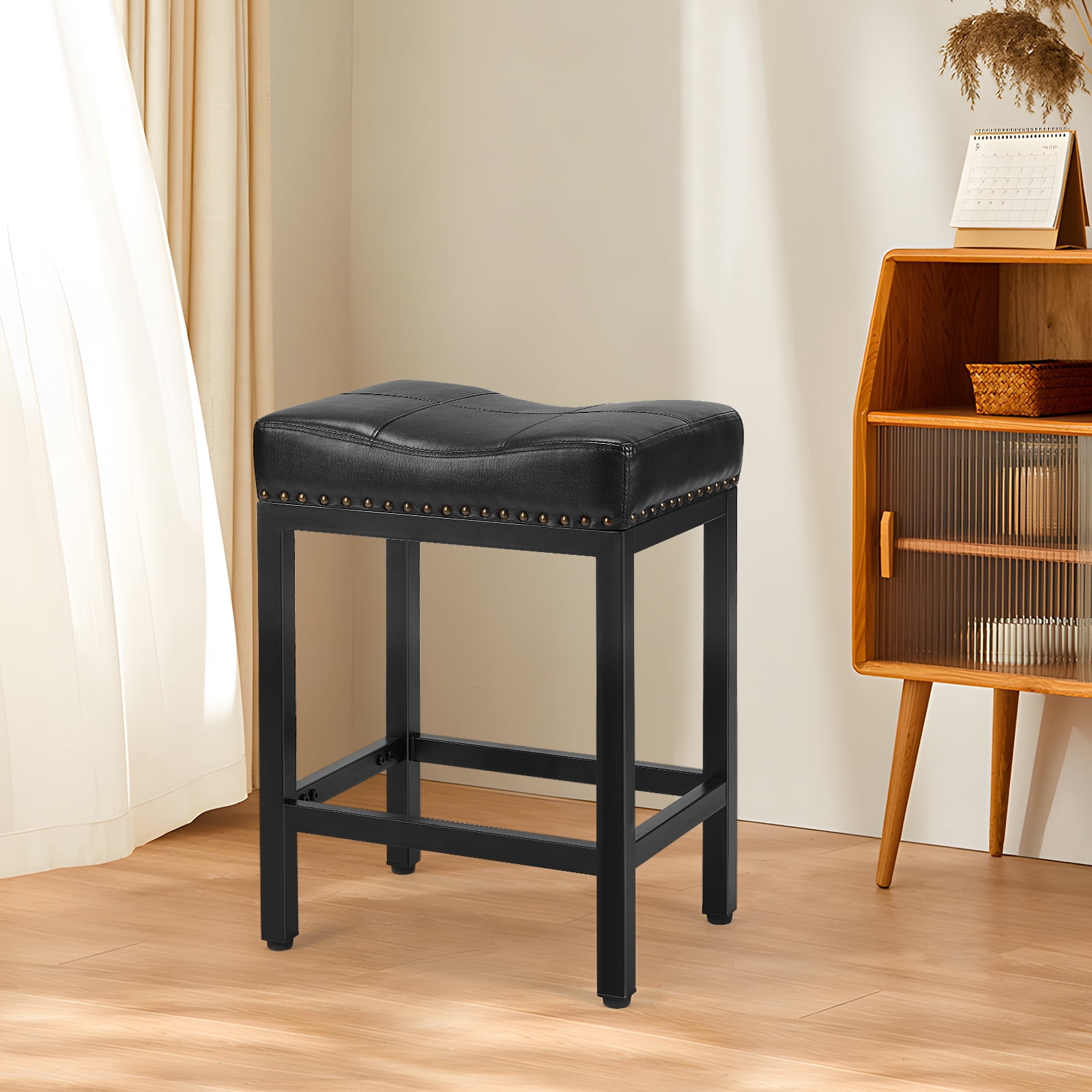 JIOABL Bar Stools Set of 4, Upholstered Modern Counter Height 24 Inch Bar Stools, PU Leather, For Kitchen, Living Room, Black
