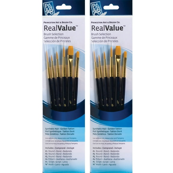 Princeton RealValue Brush Set, Gold Taklon Bristles, Short Handle Mixed Media Paintbrush, Dark Blue, 6 Per Set, 2 Sets