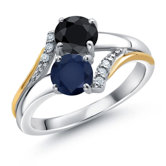 10K Yellow Gold and 925 Silver Blue Sapphire and Black Sapphire and White Lab Grown Diamond Accent Engagement Ring for Women (1.32 Cttw, Gemstone September Birthstone, Round 5MM, Size 9)