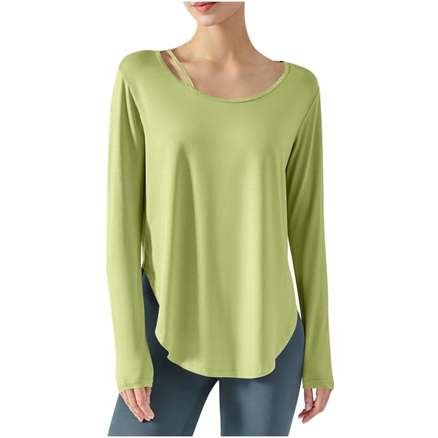 aidice Chandails Athlétiques pour Femmes Col Rond Manches Longues T-Shirts de Yoga Amples de Gym Ourlet Arrondi Hauts d'Entraînement