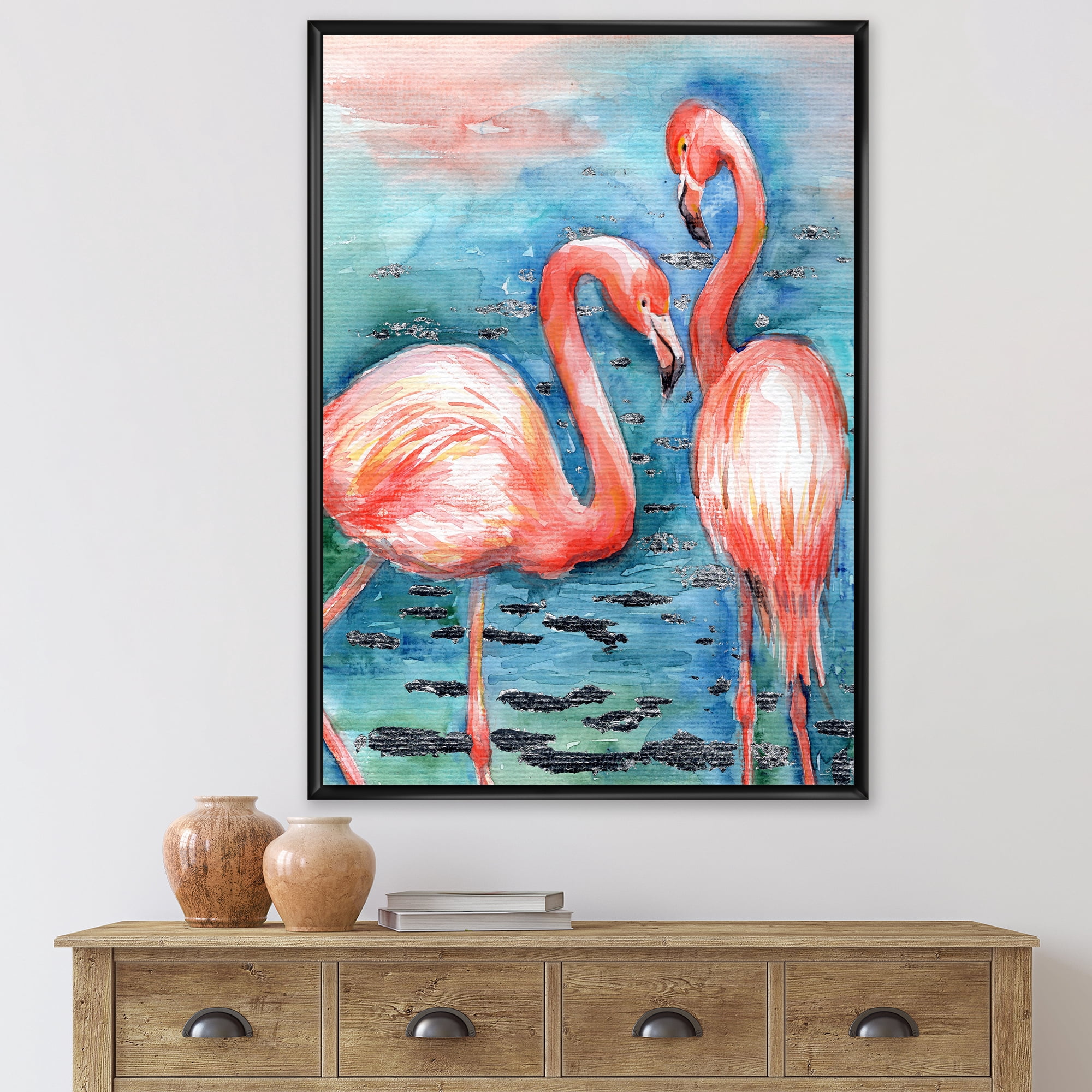 Designart 'Pink Flamingos Love Birds In Blue Water I' Farmhouse Framed Canvas Wall Art Print