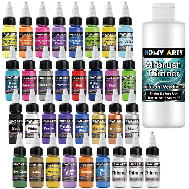 Set de pintura para aerógrafo HOMY ARTY de 33 colores y diluyente de 500 ml