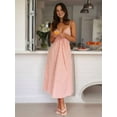 thumbnail image 5 of Women'S Summer V-Neck Maxi Dress Striped Holiday Bohemian Beach Spaghetti Strap Sundress Back Tie Pink M, 5 of 9