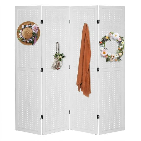 4 Panel Pegboard Freestanding, 5 FT Portable Display Board Organizer, Wooden Folding Privacy Screen Room Divider, without Base for Storage Room, Living Room and Office, White