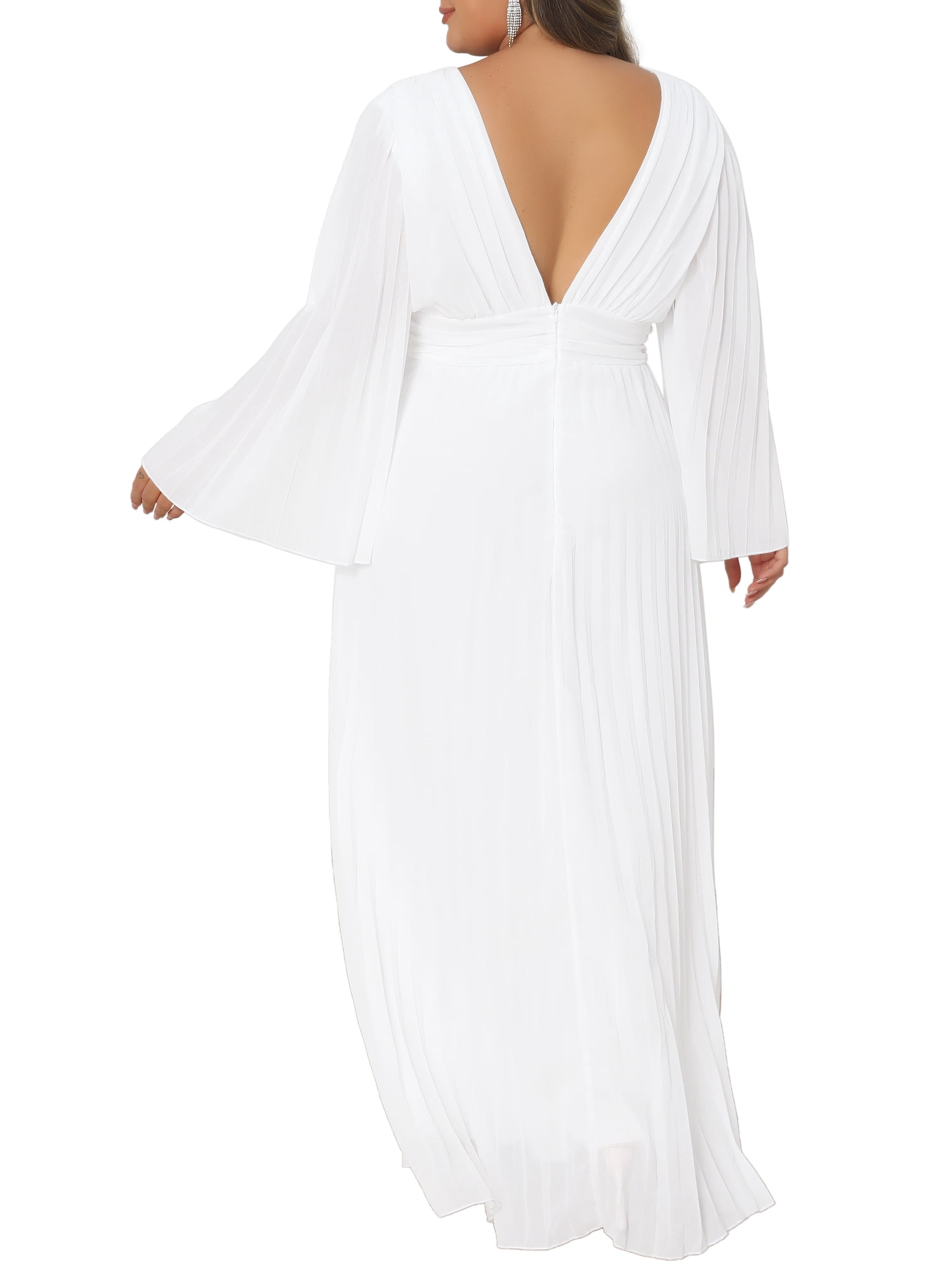 DARING DIVA Women's Plus Deep V Neck Long Sleeve Pleated Formal Dresses L White