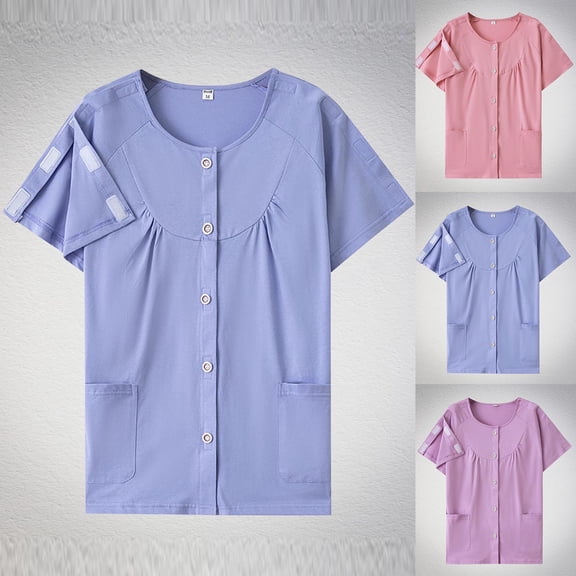 Women's Postoperative Care Clothing for Fractures Fully Open Button Shoulder Inserted Short Sleeve Round Neck Top Shirt Blouse for Casual Daily Wear Loungewear and Recovery Fashion Essential