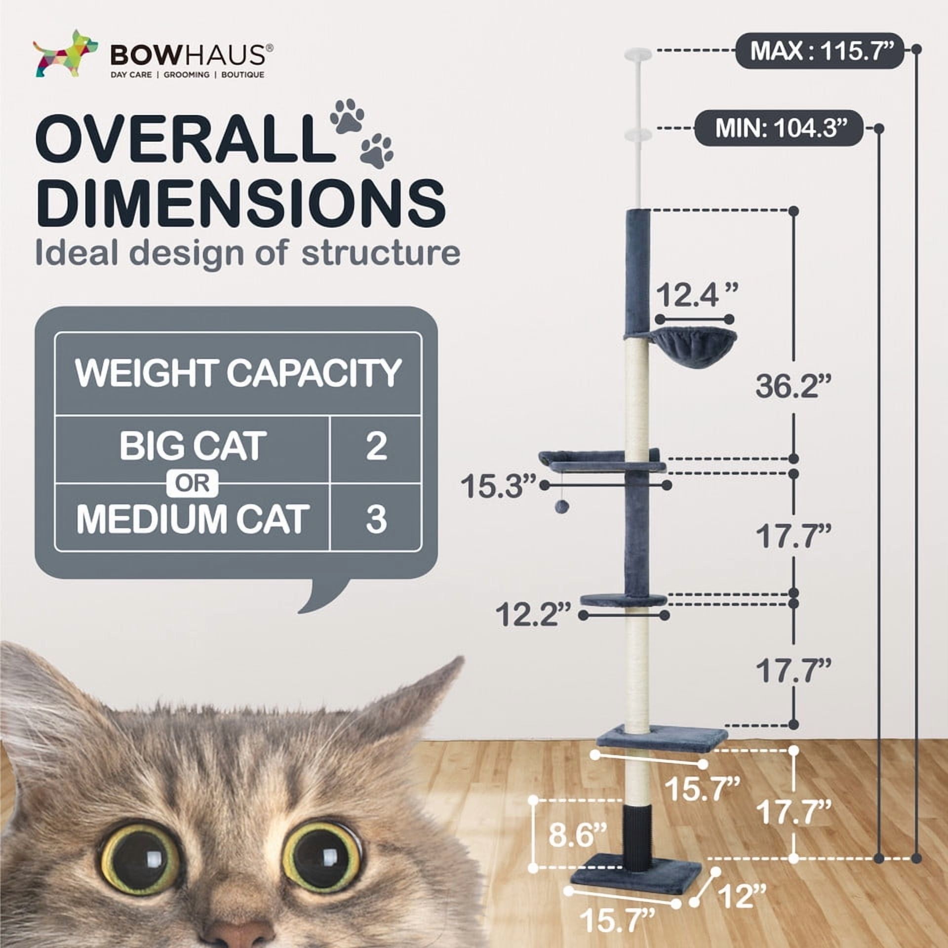 CAPHAUS Floor to Ceiling Cat Tree, Adjustable Height 104”-115” Multi-Tier Cat Climbing Tower w/ Itching Scratcher, Cozy Hammock, Interactive Playball, Platforms for Indoor Cats, Dark Grey