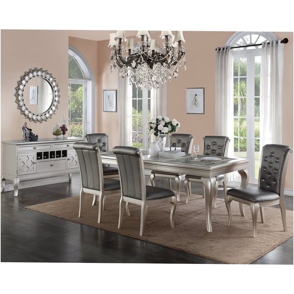 JERFIT 7-Piece Dining Set with Glass Insert Table & Tufted Upholstered Chairs, Silver Gray Modern Farmhouse Kitchen Room Furniture