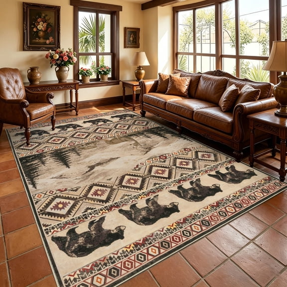 MeyJey 6’x9’ Area Rug for Living Room, Non-Slip Rustic Cabin Machine Washable Lodge Bear Rug, Print Pattern Southwestern Rug for Living Room Bedroom