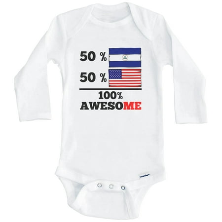 

50% Nicaraguan 50% American 100% Awesome Funny Nicaragua Flag One Piece Baby Bodysuit (Long Sleeve) 6-9 Months White