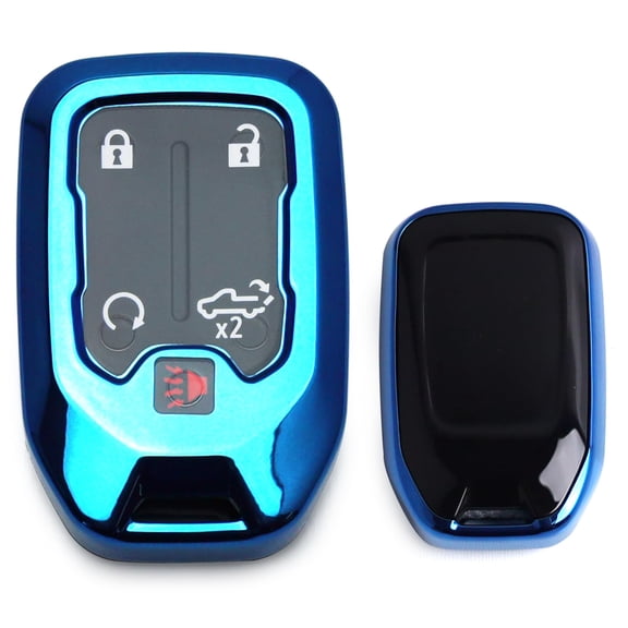 Glossy Blue Finish TPU Key Fob Protective Case w/Face Panel Cover, For GMC Acadia Terrain Sierra Yukon, Chevy Silverado Remote Start Smart Key Fob