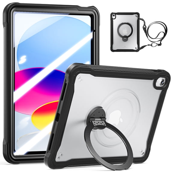 Dteck with Tempered Glass Screen Protector Case for iPad 11-inch (A16) 2025 11th Gen/iPad 10th Gen 10.9" 2022,Shockproof Matte Translucent Back 360° Rotating Ring Stand Cover Shoulder Strap,Black