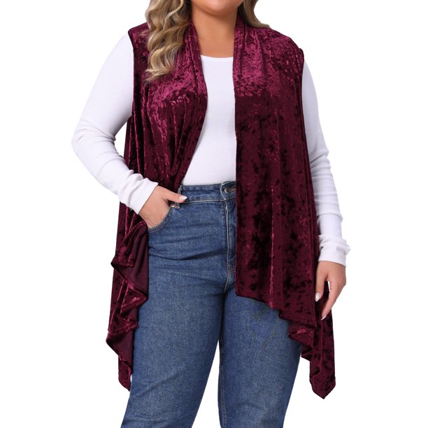 Cárdigan de mujer de tallas grandes Agnes Orinda, sin mangas, de terciopelo jacquard, con dobladillo asimétrico, abierto, casual y ligero, 3X burdeos