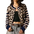 thumbnail image 2 of Womens Leopard Print Striped Patchwork Button Front Cropped Knit Cardigan Navy Blue M, 2 of 9