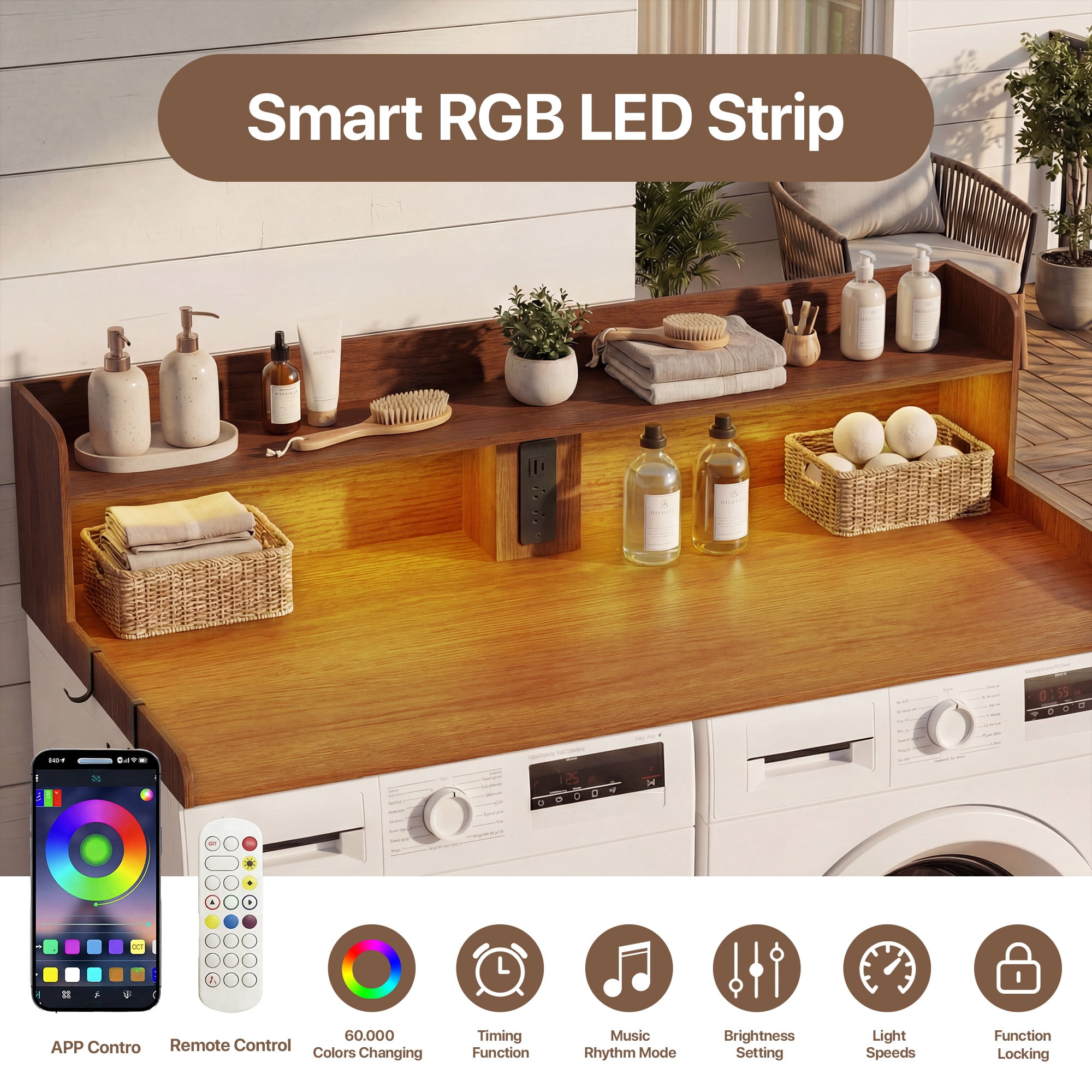 YDN Modern 54" Washer Dryer Countertop with Power Outlet & LED Lights - 2 Tiers Laundry Countertop with Shelf Space, Large Washer and Dryer Topper W/ Storage Basket,Non-Slip Pad,Metal Hooks,Walnut