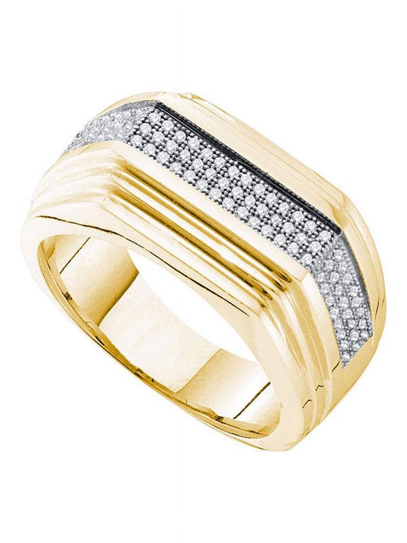 10kt Yellow Gold Mens Round Pave-set Diamond Ridged Flat Band Ring 1/3 Cttw