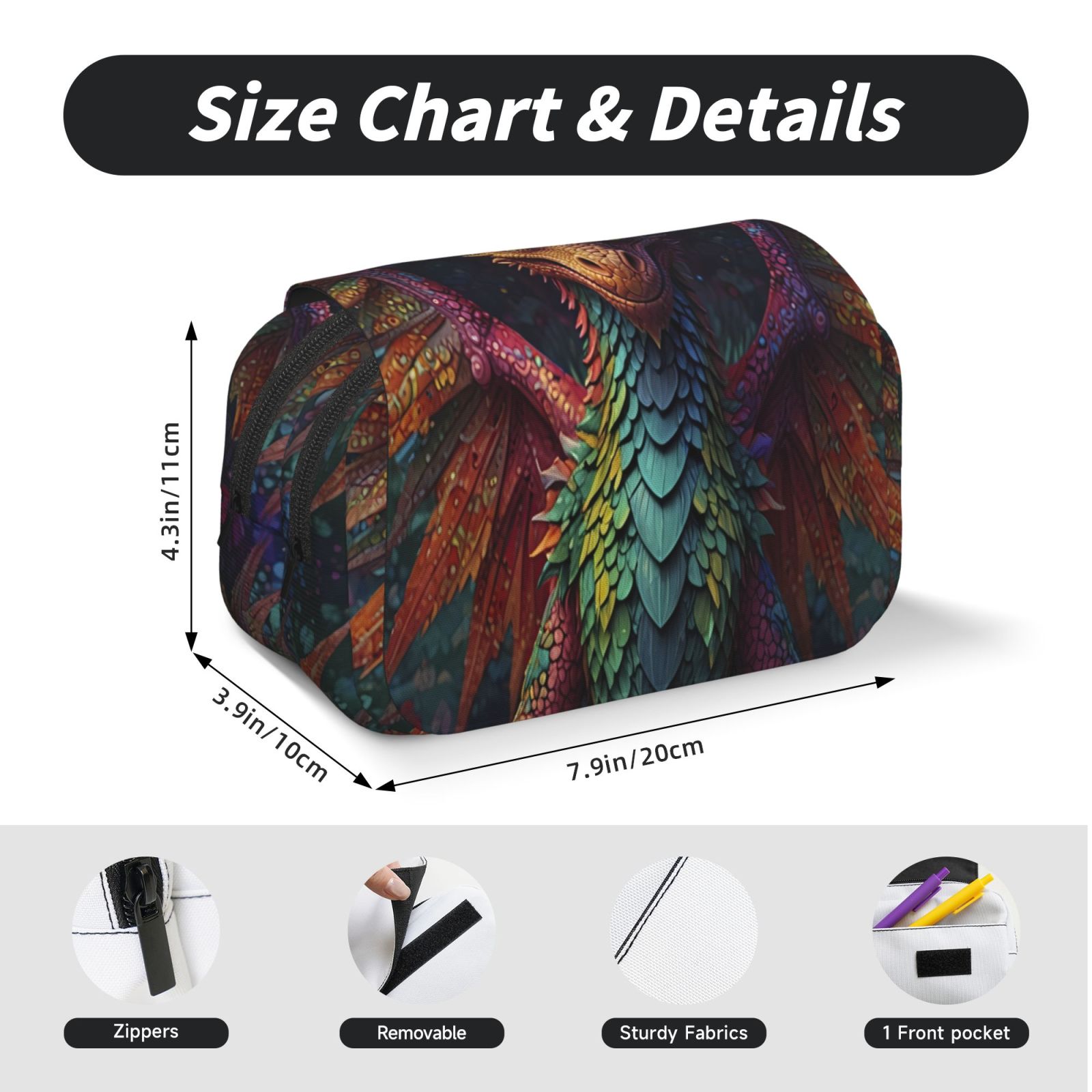Rateoe Whimsical Dragon Color Cool Pattern Double Clamshell Pen Case, Storage Organizer with Two Zipper Compartments– Holds Up to 50 Pencils & Pens