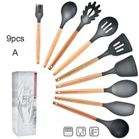 

Journey 9Pcs/set Silicone Cooking Utensils Kitchen Utensil Set Nonstick Cookware Wooden Handles Cooking Tools Turner Tongs Spatula Spoon(9pcs A)