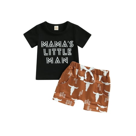 

Binwwede Baby Boys Set Short Sleeve Letters Print T-shirt with Elastic Waist Bull Head Shorts Summer Outfit