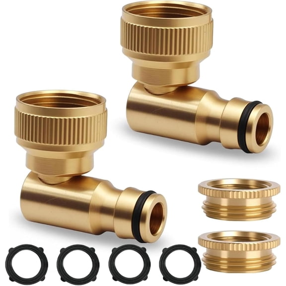 360° Swivel Brass Garden Hose Elbow Connector, 1/2 & 3/4 GHT Dual Size Water Faucet Quick Connect Adapter, Anti-Kink 90 Degree Connector for Outdoor Lawn Car Washing RV