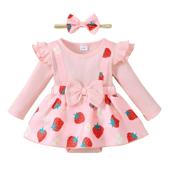 Mercatoo Baby Girl Fly Long Sleeve Romper Dress Strawberry Print Cute Suspenders Bow Suspenders Skirt   Headband