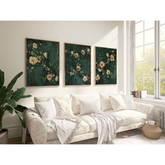 UNFFRAMED Luvia Green Floral Print Set of 3, Wildflower Wall Art, Vintage Botanical Flower Decor Set 3 Prints 8x12