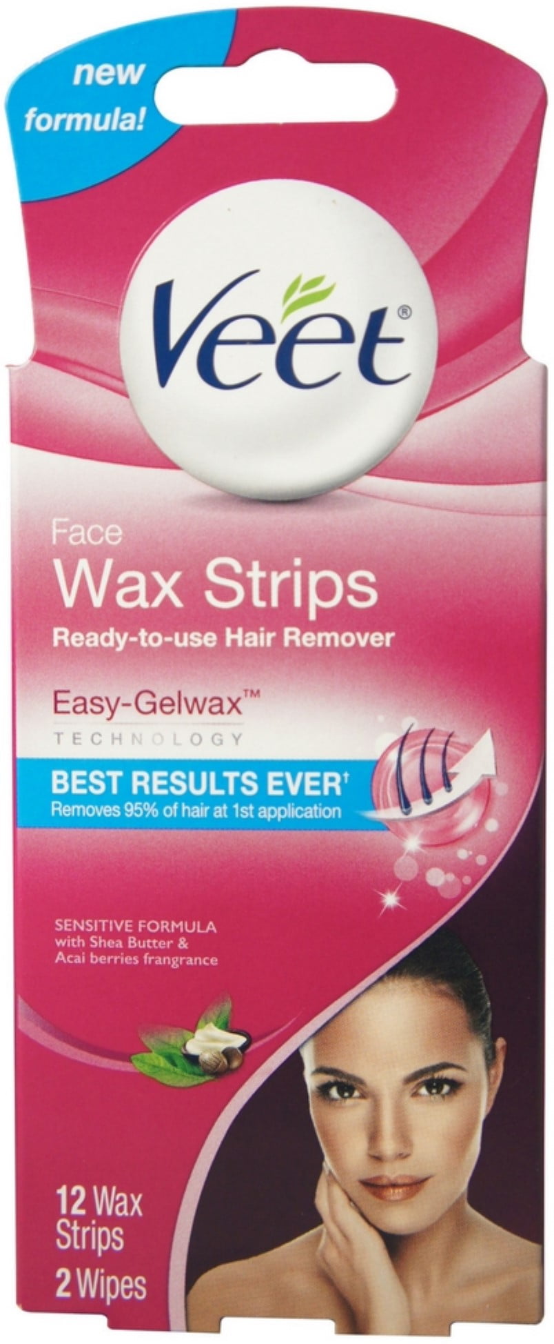 Hair Removal Wax Strips– VEET Easy- Gelwax™ Technology, Sensitive Formula  Ready-to-Use Hair Remover Face Wax Strips with Shea Butter & Acai Berries  Fragrance, 12 wax strips with 2 wipes 