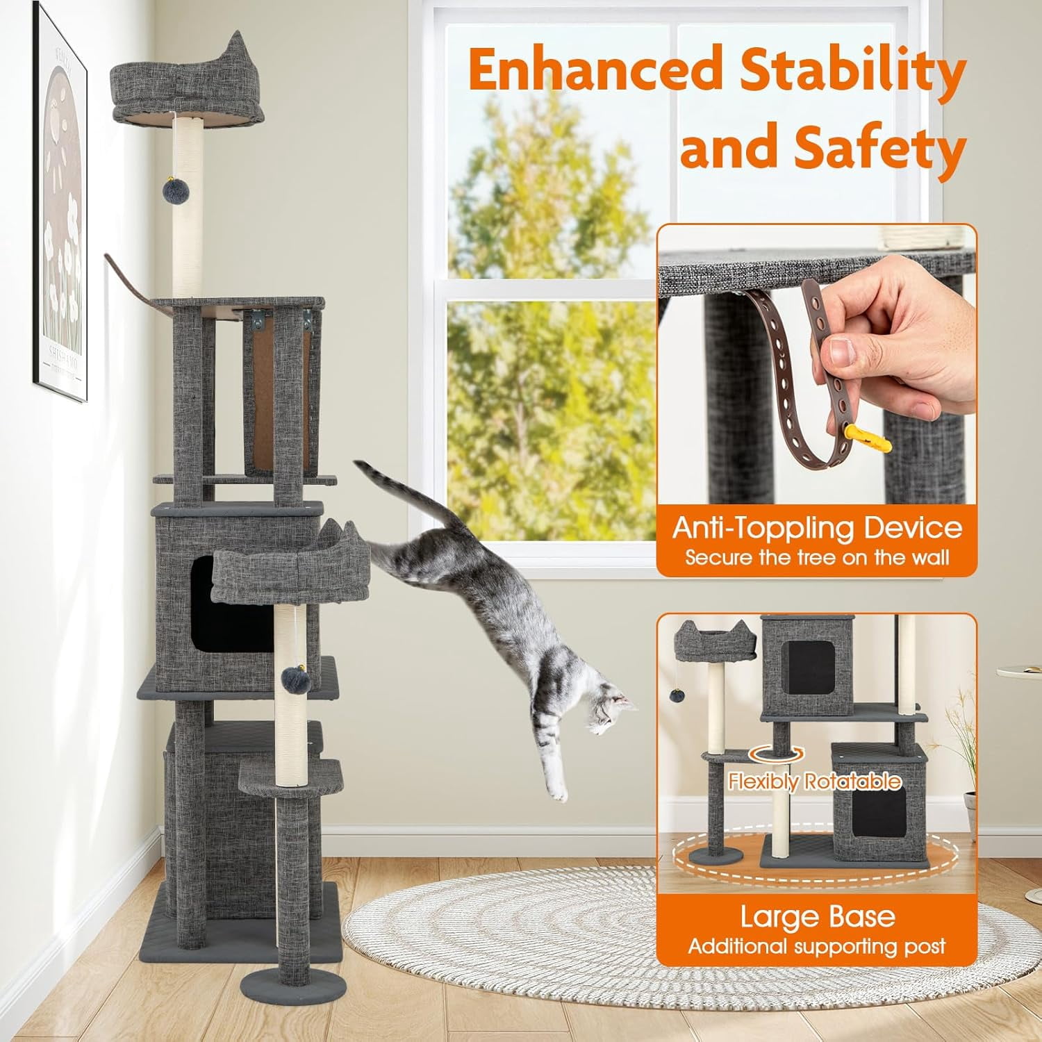 LEHOME 71 Inch Tall Cat Tree, Multi-Level Large Cat Tower with Scratching Posts & Sisal Board & Ladder, 2 Removable Condos, Perch, Bed, Dangling Balls, Modern Linen Fabric Cat Tree for Indoor Cat
