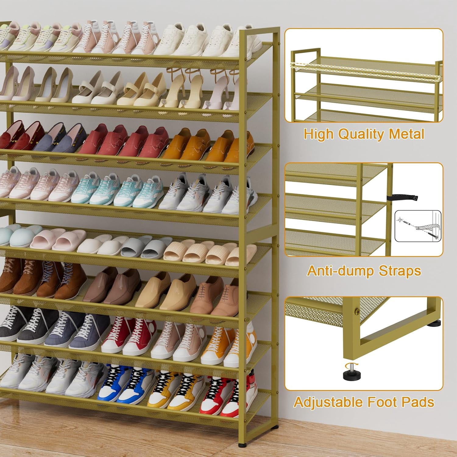 NEYCIL Large Shoe Rack, 8 Tiers Heavy Duty Metal Shoe Storage Rack for Closet Front Door Entrance, Up to 50 Pairs, Gold