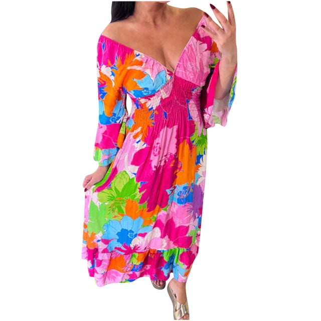 Pisexur Robe à Manches Courtes Col en V Mode Femmes Été Décontracté Taille Élastique Col en V Imprimé Manches 3/4 Robe Ample Robe Femmes