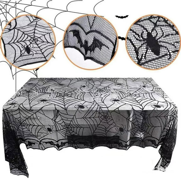 Halloween Tablecloth with Bat and Cobweb Design, Lace Polyester Material, Perfect for Party Decor, Home Decoration, and Themed Events