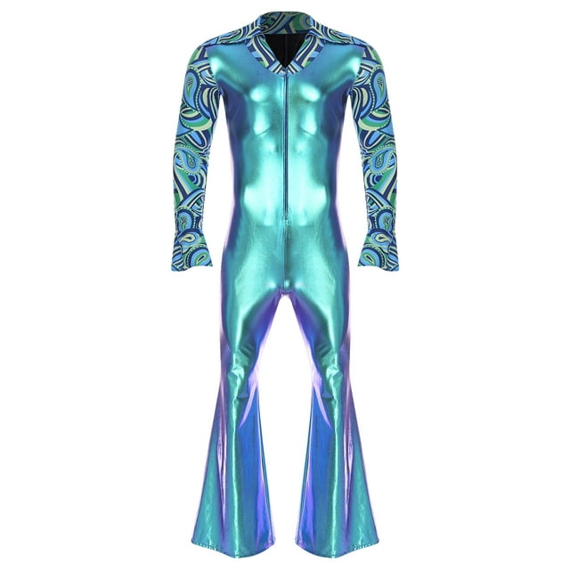 Aiihoo Mens 70s Disco Hippie Rompers V Neck Front Zip Flared Jumpsuit Rock Jazz Music Party Costume Blue XL