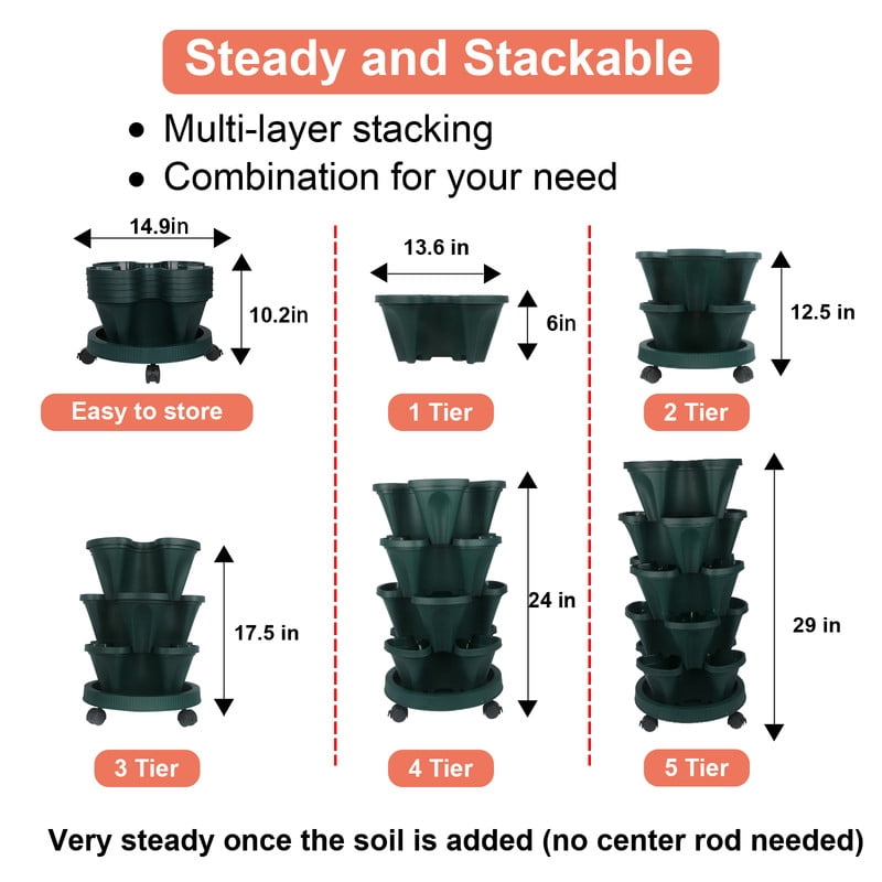 DUNCHATY 5 Tier Stackable Growing System for Strawberries and Herbs, High-Capacity Vertical Planter Tower, Outdoor Raised Garden Bed Alternative with Drainage Holes (Green)