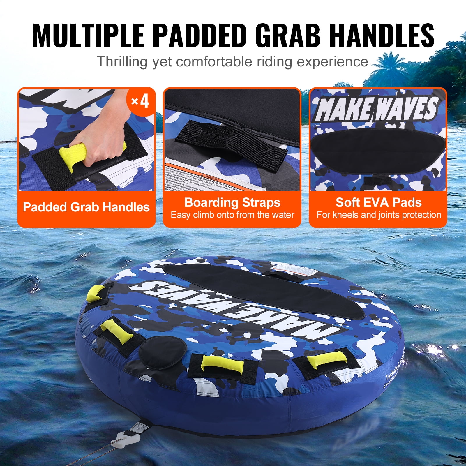KFFKFF Towable Tube for Boating, 340 lbs Capacity, Inflatable Water Sport Tube for 1-2 Riders, 51.8" Round Design with Durable Nylon Cover, EVA Handles, and Quick-Release Safety Valve