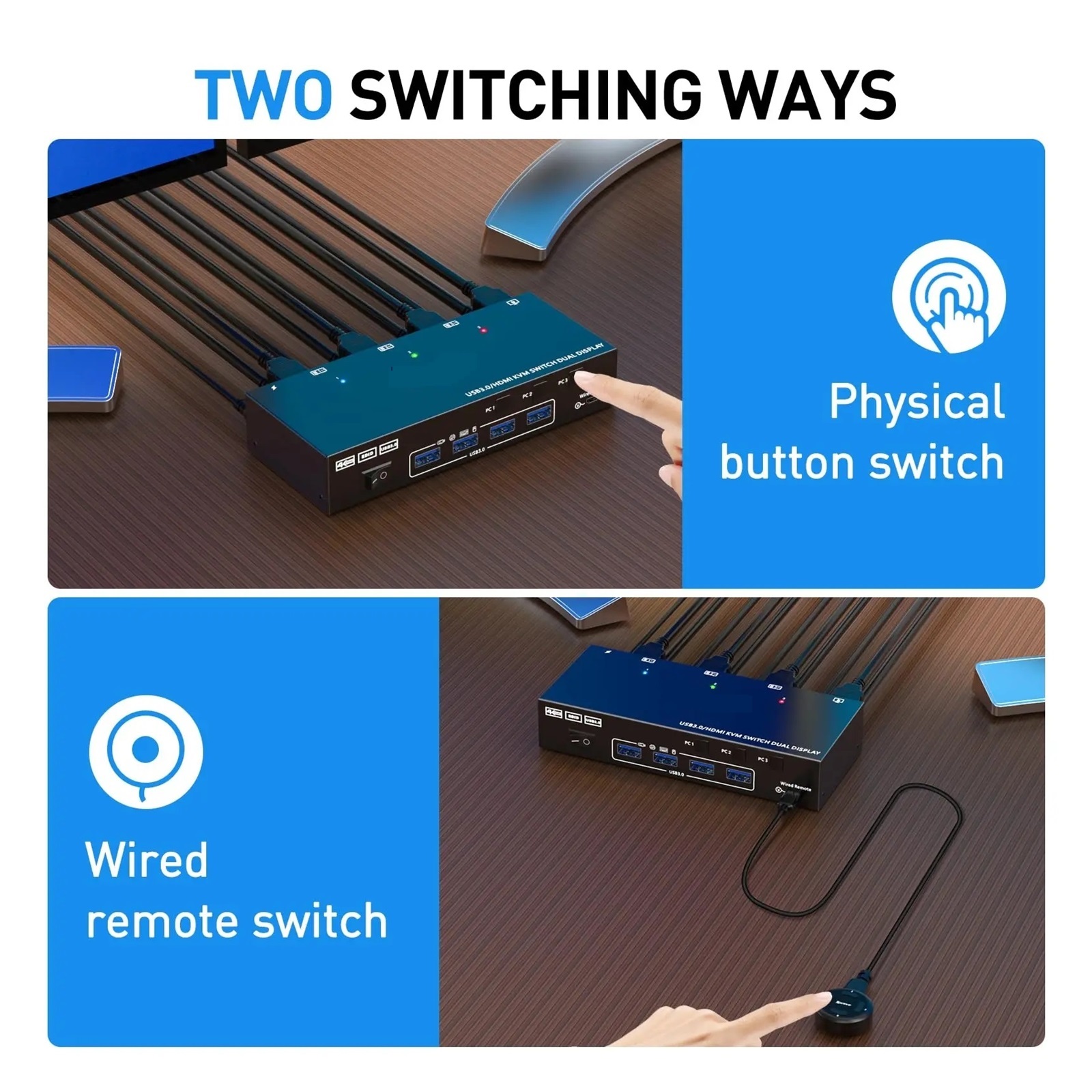 Dual Display USB 3.0 Dual Monitor KVM Switch Simulation EDID Extended Display Switcher for 3 Computers Share 2 Monitor
