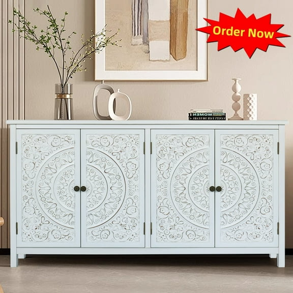 Tcbosik Buffet Cabinet with Storage, 60 inch Kitchen Sideboard Cabinet with 4 Doors, Coffee Bar Cabinet, Cupboard for Dining Room, Living Room, Antique White