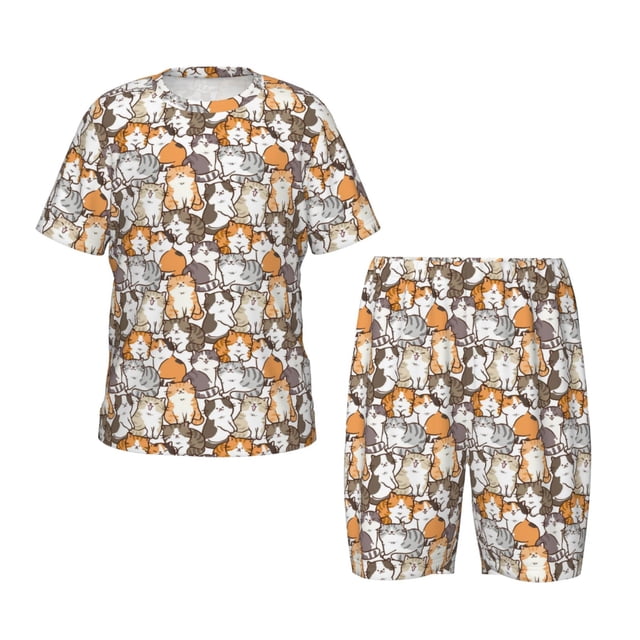 Balery Cartoon Cat 1 Conjunto de Pijama Infantil de Manga Corta con Estampado – Ropa de Dormir de Algodón Suave-Large