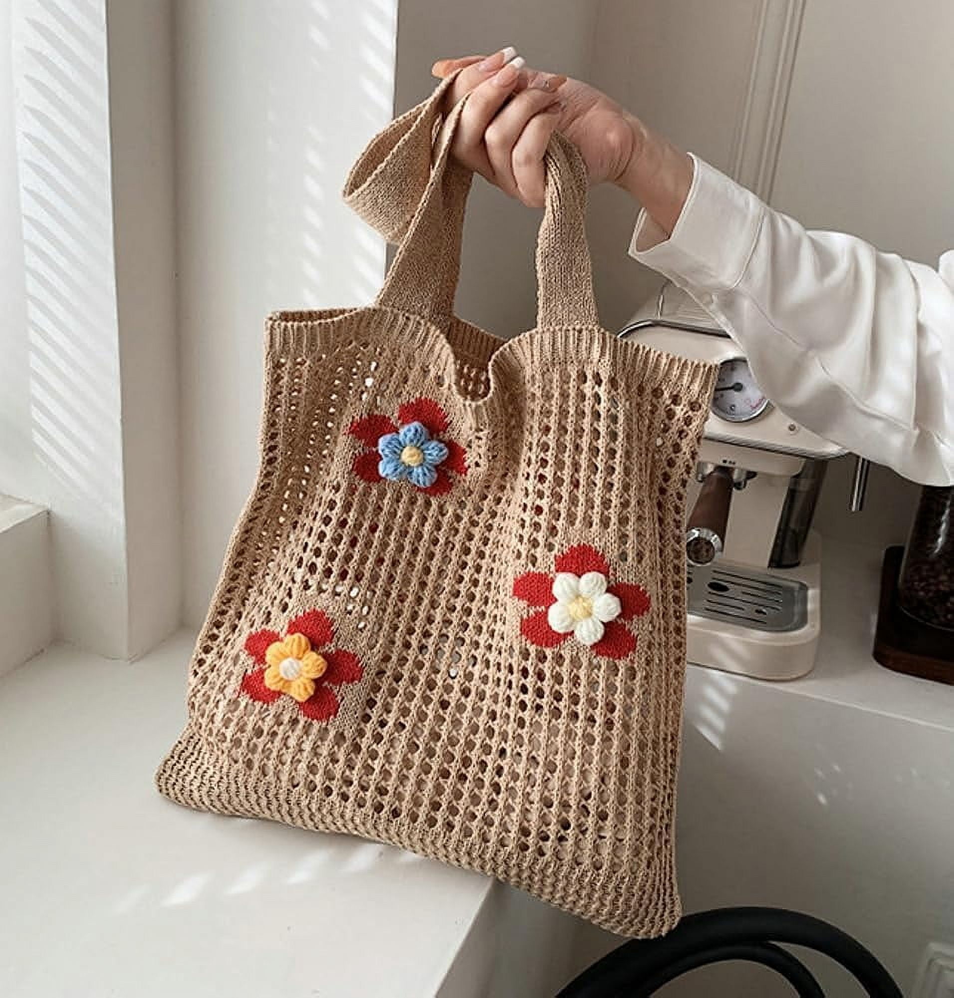 Kukuzhu Women Handmade Crochet Tote Bag Y2k Purse Cute Aesthetic Shoulder Bag Knitted Hobo Bag Mesh Beach Bag