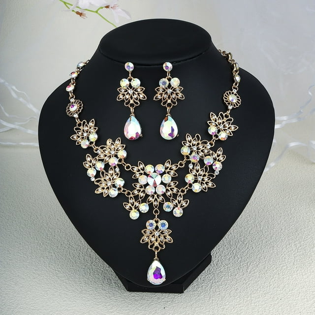 Nvzi Conjunto de joyas de diamantes de imitación con forma de lágrima para novia, collar y pendientes para boda, A26