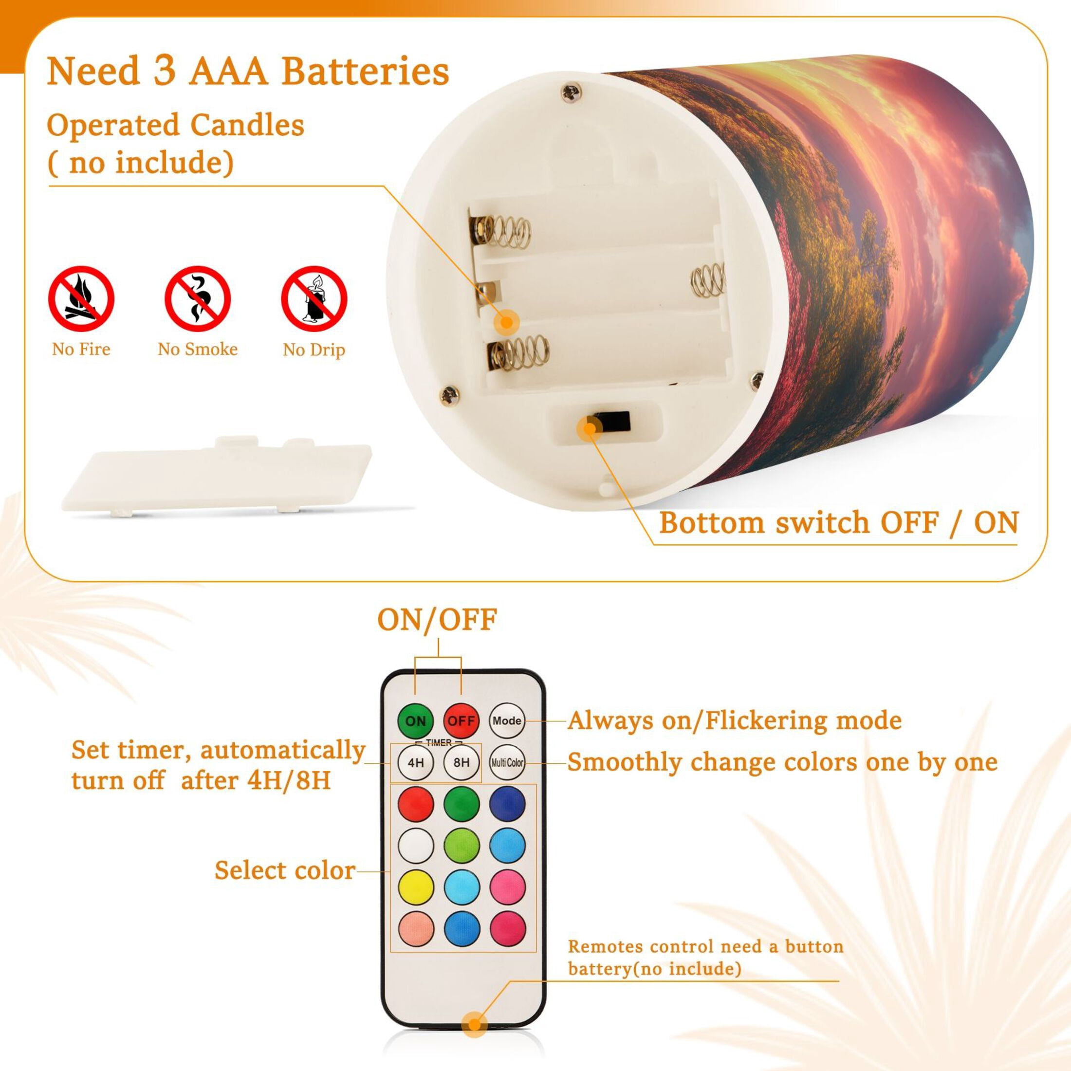 Beautiful Sunrise over Mountains Flickering Flameless LED Candles set of 2 Battery Operated 18-Key Remotes Timer Halloween Fall Decor D3''xH4''5''